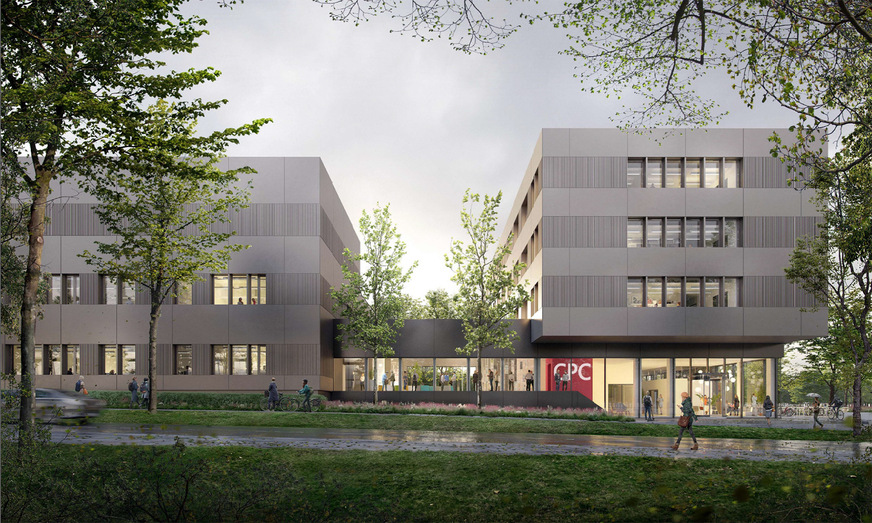 Design rendering of the planned new research building at Braunschweig Research Airport: Center for Circular Production of Next Batteries and Fuel Cells (CPC)
