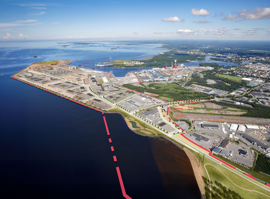 The city of Oulu is developing a hydrogen industrial area of several hundred hectares in its port. The illustration shows the first phase of the three-stage project, which is scheduled for completion by 2030.