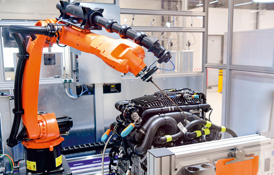 The sniffer robot uses its trunk-like sensor to search for leaks in the system.