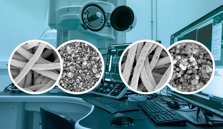 Structures under the electron microscope compared. At a resolution of 10 µm (upper image in each case), both the nanocone structure (top) and the lamellar structure (bottom) primarily show the non-woven material, which appears somewhat rougher in the lamellar structure. At a resolution of 500 nm (lower image in each case), the nanocones are clearly visible, while the lamellae can only be discerned faintly.