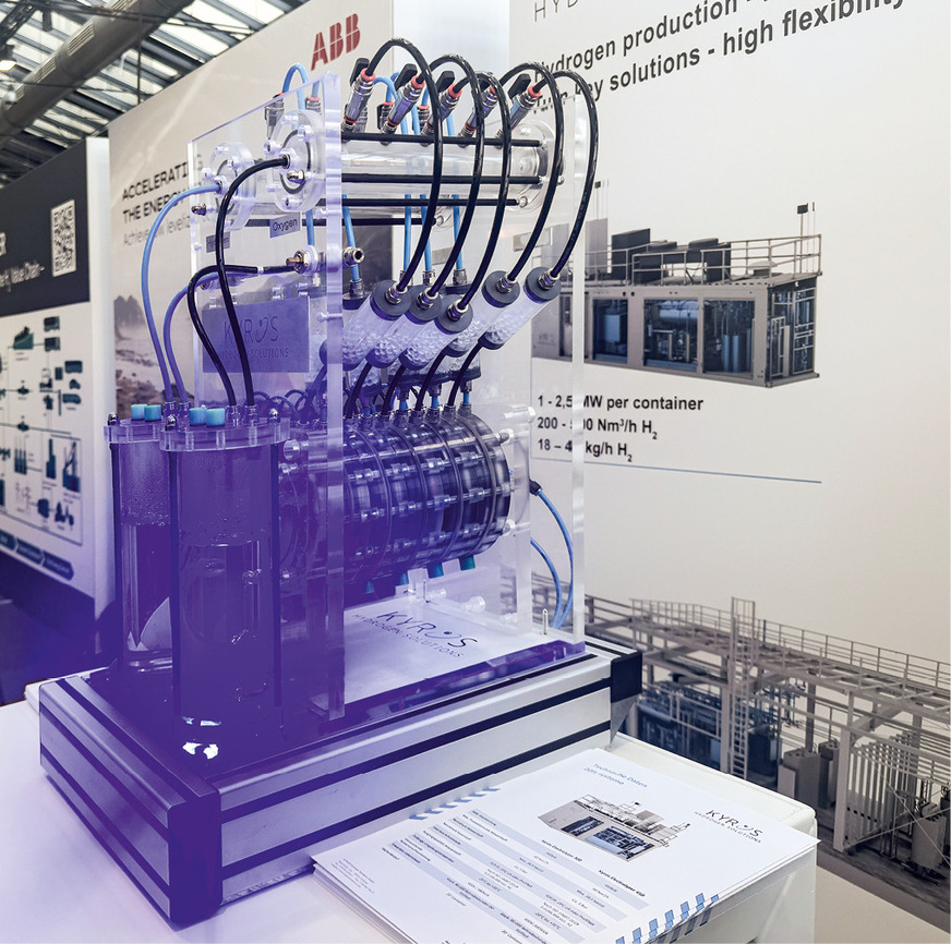 Model of an ­electrolyzer at the stand of Kyros Hydrogen Solutions.