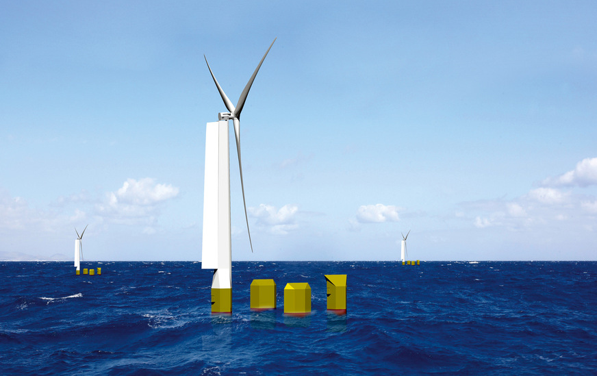 This is what an offshore hydrogen park could look like. The wind turbine is connected underwater to a desalination plant, an electrolyzer, and an LOHC container.