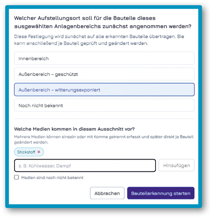 With the help of the AI analysis, selected areas of the plant can be examined (left side of the window). Details for the respective areas can be specified by the user.