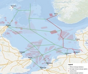 Map showing planned offshore hydrogen pipelines in the North Sea, connecting the UK, Netherlands, Germany, and Denmark. Map showing planned offshore hydrogen pipelines in the North Sea, connecting the UK, Netherlands, Germany, and Denmark.