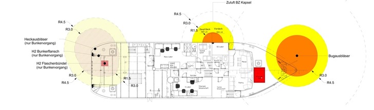 Technical floor plan of a ship with labeled rooms and highlighted circular safety zones in yellow and orange. Technical floor plan of a ship with labeled rooms and highlighted circular safety zones in yellow and orange.