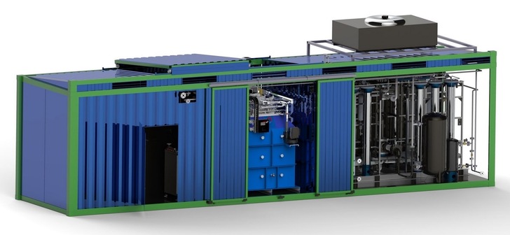 Industrial container with machinery and pipes inside, blue and green exterior, partial cutaway view. Industrial container with machinery and pipes inside, blue and green exterior, partial cutaway view.