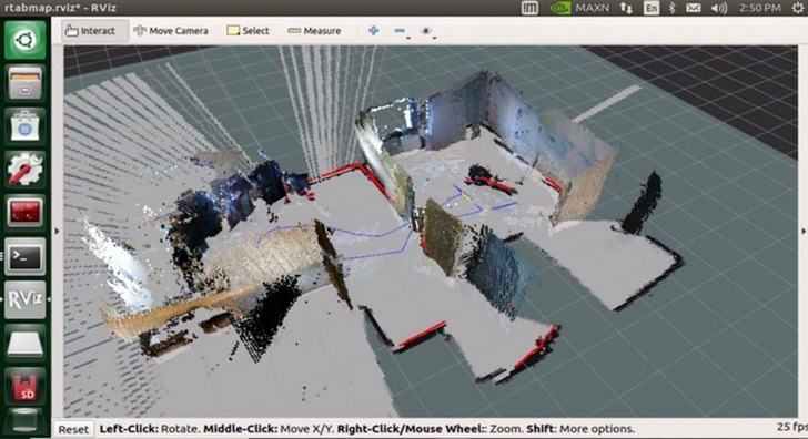A 3D point cloud map of indoor rooms displayed in RViz mapping software on a computer screen. A 3D point cloud map of indoor rooms displayed in RViz mapping software on a computer screen.