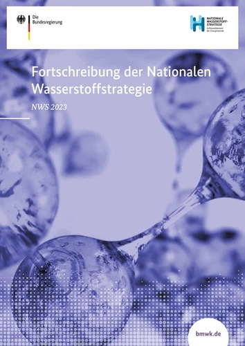 Cover of a German report on hydrogen strategy, with blue hydrogen molecules in the background. Cover of a German report on hydrogen strategy, with blue hydrogen molecules in the background.