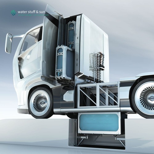 A futuristic truck with its cab lifted, revealing inner mechanical and fuel cell components.