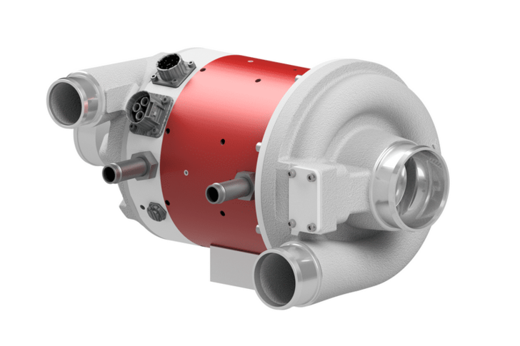 A metallic turbocharger with a red center housing and multiple ports, set against a white background. A metallic turbocharger with a red center housing and multiple ports, set against a white background.