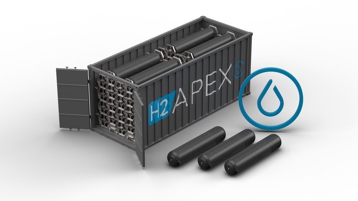 A hydrogen storage container labeled "H2APEX" with three black cylinders and a blue water droplet symbol. A hydrogen storage container labeled "H2APEX" with three black cylinders and a blue water droplet symbol.