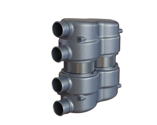 Silver metallic industrial component with six cylindrical openings, stacked in two rows, isolated on white background. Silver metallic industrial component with six cylindrical openings, stacked in two rows, isolated on white background.