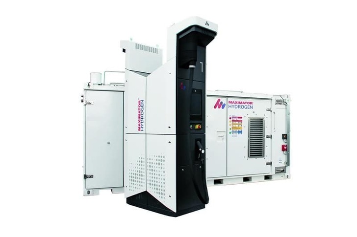 Hydrogen refueling station by Maximator Hydrogen with white and black dispenser and equipment unit. Hydrogen refueling station by Maximator Hydrogen with white and black dispenser and equipment unit.