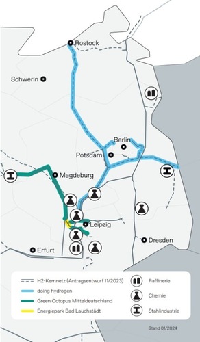 Map showing hydrogen infrastructure routes in eastern Germany, with refineries, chemical, and steel industry icons. Map showing hydrogen infrastructure routes in eastern Germany, with refineries, chemical, and steel industry icons.