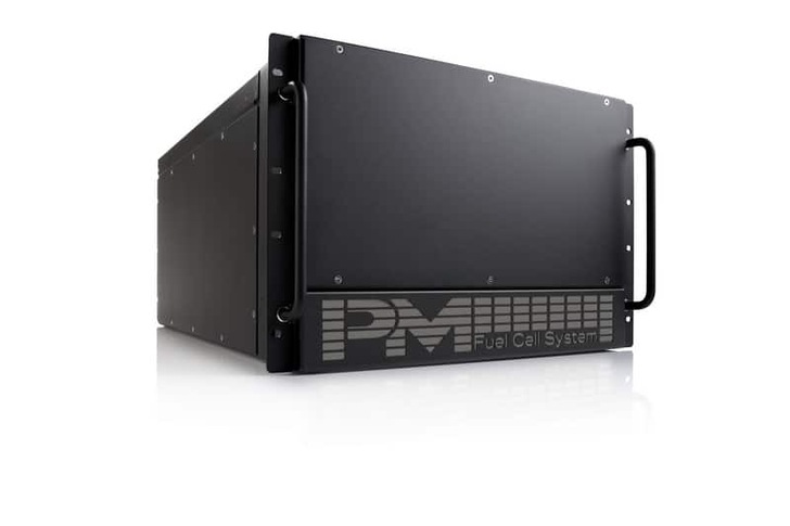 Black rectangular fuel cell system unit with handles and "PM Fuel Cell System" label on the front panel. Black rectangular fuel cell system unit with handles and "PM Fuel Cell System" label on the front panel.
