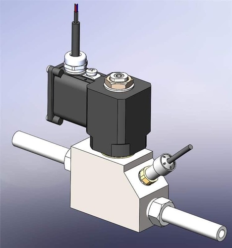3D rendering of an industrial solenoid valve with attached pipes and electrical connectors. 3D rendering of an industrial solenoid valve with attached pipes and electrical connectors.
