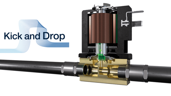Cutaway of a solenoid valve labeled "Kick and Drop," showing internal coil and fluid flow through pipes. Cutaway of a solenoid valve labeled "Kick and Drop," showing internal coil and fluid flow through pipes.