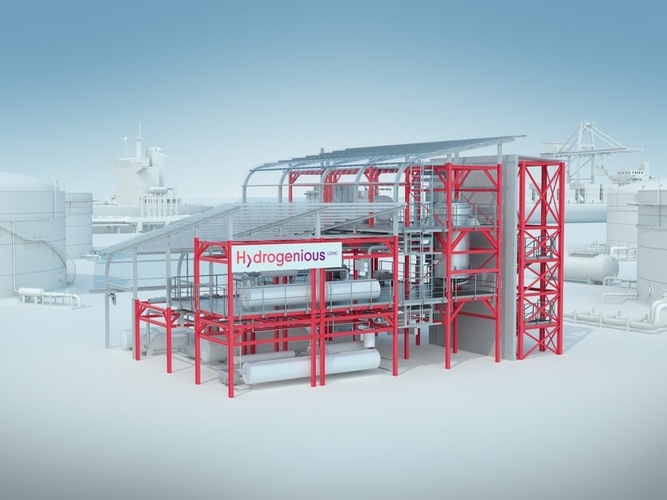 Rendering of a hydrogen production facility with Hydrogenious sign, featuring red steel framework and pipes. Rendering of a hydrogen production facility with Hydrogenious sign, featuring red steel framework and pipes.