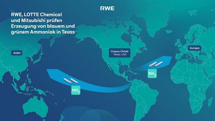 World map showing ammonia shipping routes from Texas to Asia and Europe, with origin point in Corpus Christi. World map showing ammonia shipping routes from Texas to Asia and Europe, with origin point in Corpus Christi.