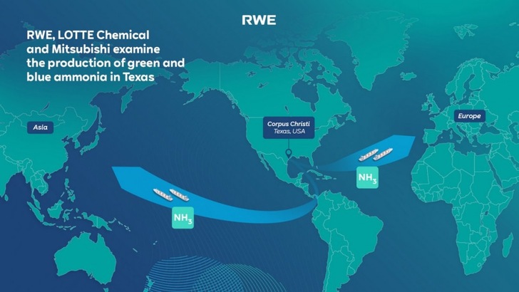 World map showing ammonia shipping routes from Corpus Christi, Texas to Asia and Europe for RWE, LOTTE, Mitsubishi. World map showing ammonia shipping routes from Corpus Christi, Texas to Asia and Europe for RWE, LOTTE, Mitsubishi.