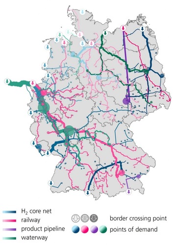 Map of Germany showing hydrogen core net, railways, product pipelines, waterways, and key demand points.