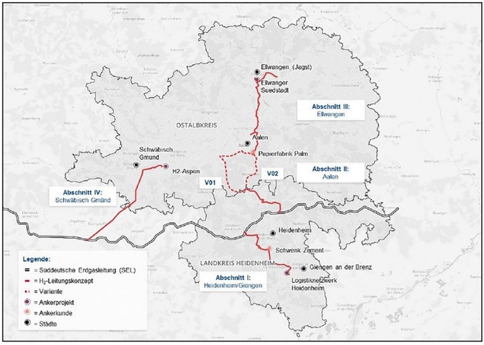Map showing pipeline routes and sections for a hydrogen project in the Ostalbkreis and Heidenheim districts, Germany. Map showing pipeline routes and sections for a hydrogen project in the Ostalbkreis and Heidenheim districts, Germany.