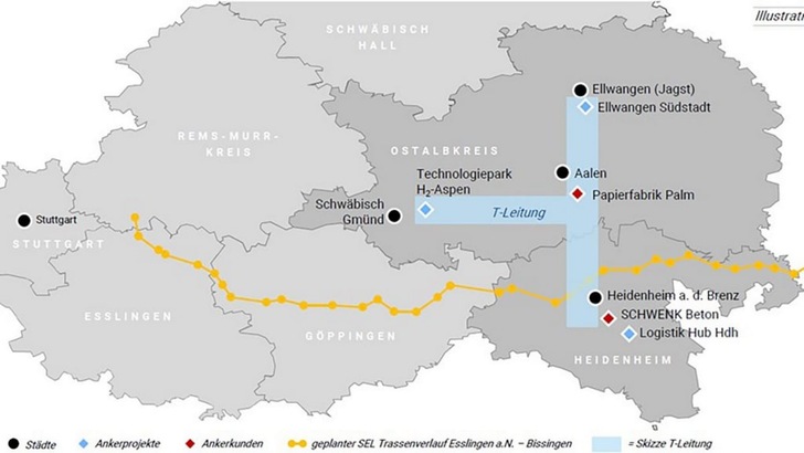 Map showing a planned SEL pipeline route through districts in Germany, with key locations and facilities marked. Map showing a planned SEL pipeline route through districts in Germany, with key locations and facilities marked.