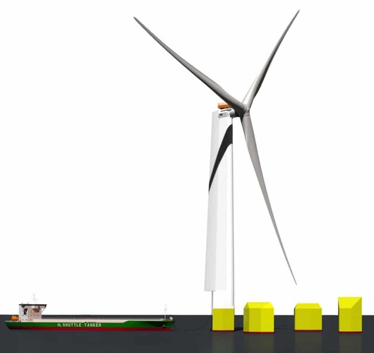 A large wind turbine towers over a ship and yellow buildings, highlighting its massive size. A large wind turbine towers over a ship and yellow buildings, highlighting its massive size.