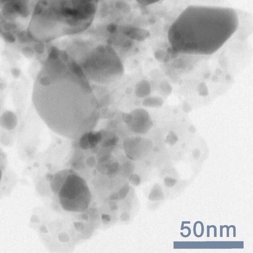 Transmission electron microscope image showing various nanometer-sized particles with a 50nm scale bar. Transmission electron microscope image showing various nanometer-sized particles with a 50nm scale bar.