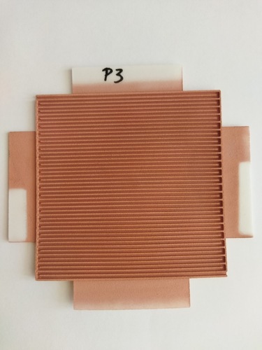 A square copper-colored heat sink labeled "P3" on a white background. A square copper-colored heat sink labeled "P3" on a white background.