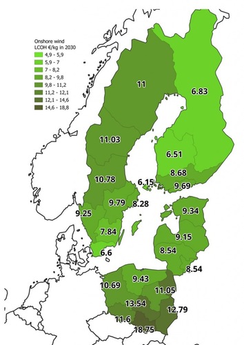 Map of Scandinavia showing projected onshore wind energy costs by region, shaded in various greens.