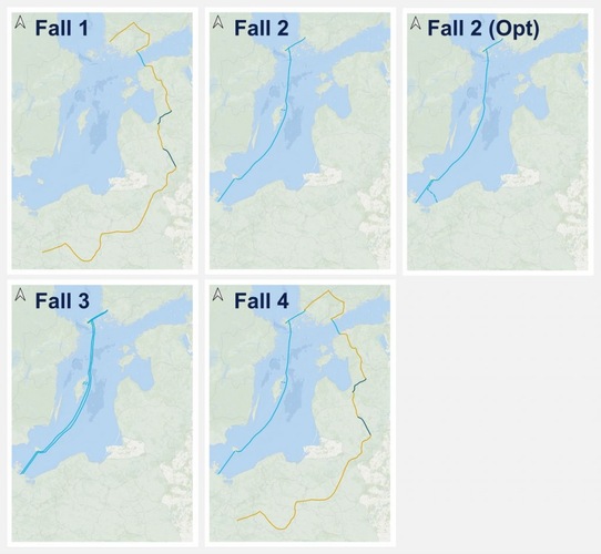 Five maps showing different migration routes labeled Fall 1, Fall 2, Fall 2 (Opt), Fall 3, and Fall 4. Five maps showing different migration routes labeled Fall 1, Fall 2, Fall 2 (Opt), Fall 3, and Fall 4.