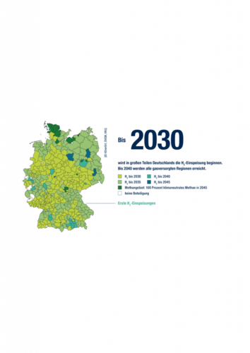 Map of Germany showing regions starting hydrogen feed-in by 2030, with different colors for participation years. Map of Germany showing regions starting hydrogen feed-in by 2030, with different colors for participation years.