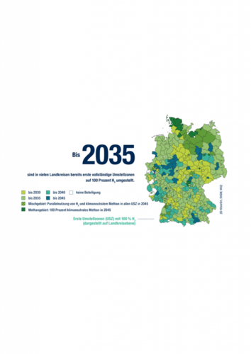 Map of Germany showing regions' projected transition to 100% renewable energy by 2030, 2035, 2040, or 2045. Map of Germany showing regions' projected transition to 100% renewable energy by 2030, 2035, 2040, or 2045.