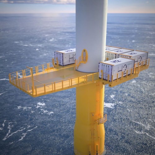 Offshore wind turbine with containers labeled "H2" on a platform above the sea. Offshore wind turbine with containers labeled "H2" on a platform above the sea.