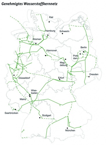 Map of Germany showing approved hydrogen core network routes connecting major cities with green lines.