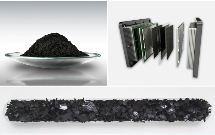 A dish of black powder, a battery diagram, and black flakes in a tube are shown. A dish of black powder, a battery diagram, and black flakes in a tube are shown.