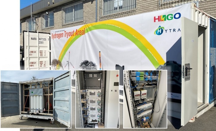A hydrogen tryout area with equipment panels and control systems displayed outside a building. A hydrogen tryout area with equipment panels and control systems displayed outside a building.