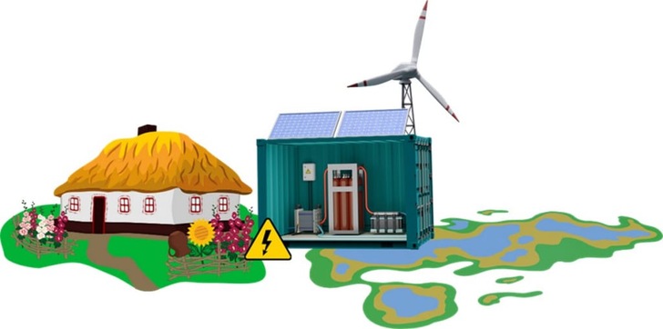 Illustration of a house powered by a wind turbine and solar panels connected to a container with batteries. Illustration of a house powered by a wind turbine and solar panels connected to a container with batteries.