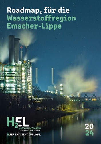 Industrial plant at night by a river, emitting steam, with text about a hydrogen roadmap for Emscher-Lippe, Germany. Industrial plant at night by a river, emitting steam, with text about a hydrogen roadmap for Emscher-Lippe, Germany.