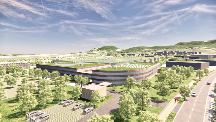 A view of how the new cellcentric site should look. The design incorporates special green spaces, including on the factory roofs, © cellcentric