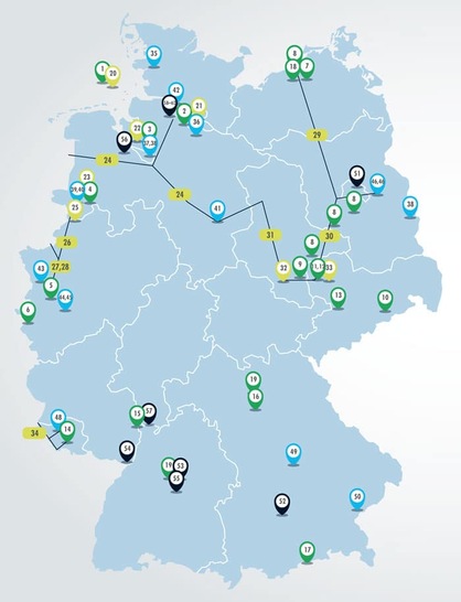 Map of Germany with numbered and color-coded circles indicating various locations across the country.