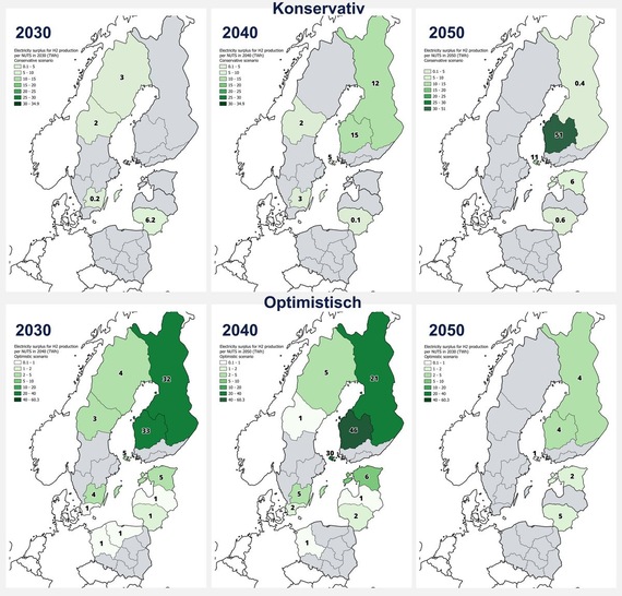Regional electricity surplus for hydrogen production in the conservative (top) and the optimistic (bottom) scenario - © NV, based on European Hydrogen Backbone