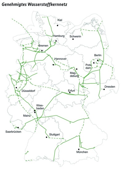 Map of the planned core H₂ network in Germany with the planned infrastructure and the connections between generation and consumption regions - © Federal Network Agency