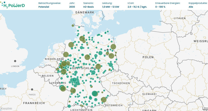 Industrial clusters coincide with the most promising locations for hydrogen production. - © Fraunhofer ISE