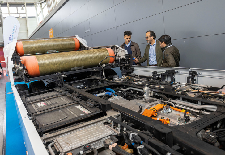 Interior of a hydrogen truck with fuel cell technology at hy-fcell in Stuttgart.