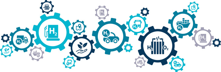 Wasserstoff- und energiebezogene Symbole in ineinander greifenden Zahnrädern, die für Wasserstofftechnologie und -industrie stehen. - © j-mel - stock.adobe.com