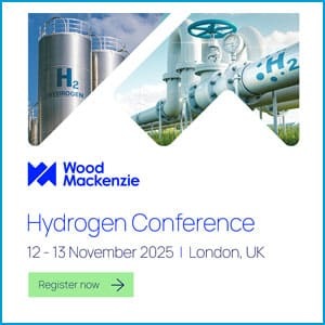 Hydrogen Conference ad with tanks, pipes, and event details for November 2025 in London, UK.