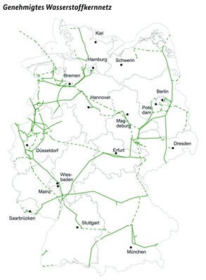 Map of the planned core H₂ network in Germany with the planned infrastructure and the connections between generation and consumption regions
