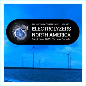 Conference poster for Electrolyzers North America, June 16-17, 2025, Toronto, with wind turbines in background.